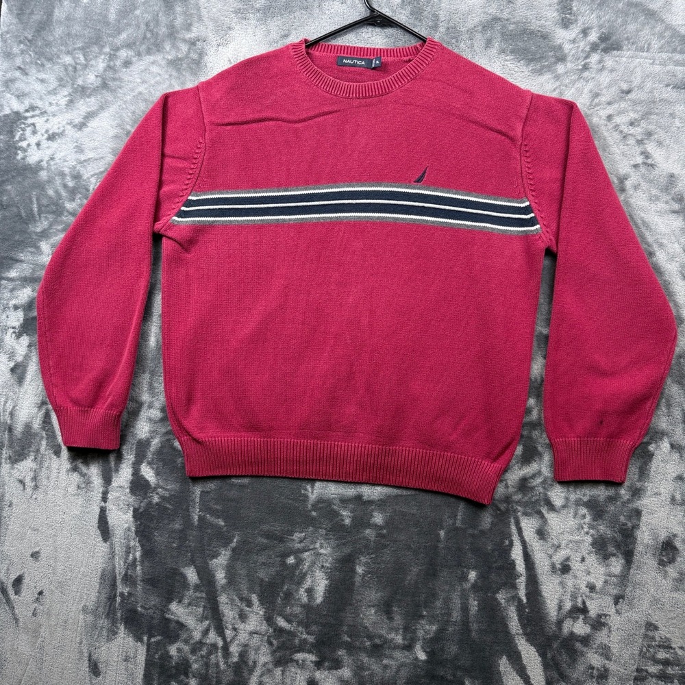 Nautica Sweater Mens XL Red Striped Chest Logo Crewneck Long Sleeve Cotton Knit